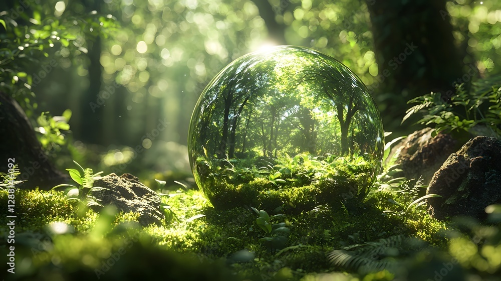 Net Zero Carbon Emissions Concept Represented by Glass Globe in Green Forest Landscape Net Zero Carbon Emissions Concept Represented by Glass Globe in Green Forest Landscape