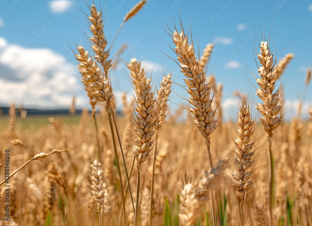 Wheat field with green wheat in the foreground, blurred background of grassy meadow, close-up of tall ears of grain, blurred blue sky, Wheat field with green wheat in the foreground, blurred background of grassy meadow, close-up of tall ears of grain, blurred blue sky,