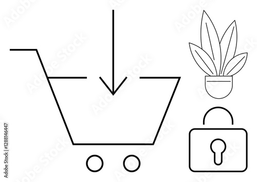Shopping cart with downward arrow, potted plant, and lock symbol. Ideal for e-commerce, online security, purchasing, cybersecurity, eco-friendly shopping, internet safety digital transactions