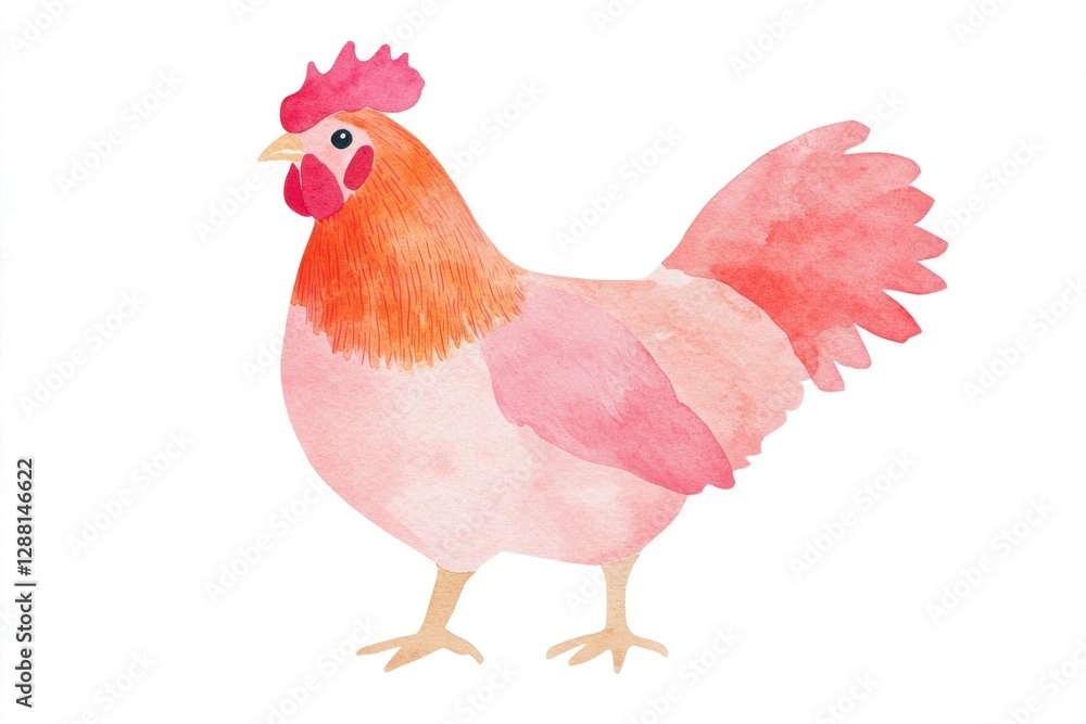 Fototapeta premium A vibrant watercolor illustration of a chicken with a pink and orange color palette, showcasing a cheerful and lively demeanor in a farm setting