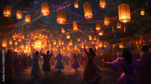 scene with glowing lanterns, colorful ribbons, and people dancing in celebration 
