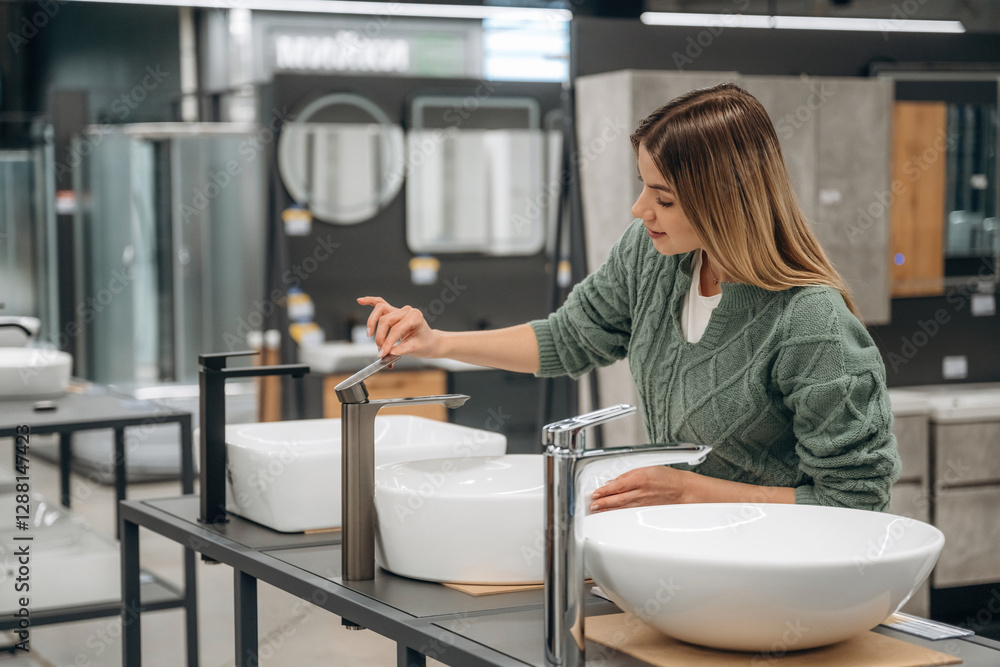 Testing the sink. Woman is in the hardware store, shopping conception Testing the sink. Woman is in the hardware store, shopping conception