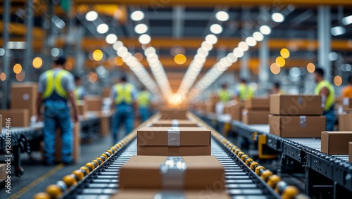 Wallpaper Mural Workers efficiently package and sort boxes in a modern warehouse during the day Torontodigital.ca