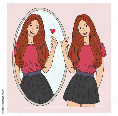 Woman with High Self-Esteem Looking in Mirror  Self Love and Confidence Reflection Illustration.