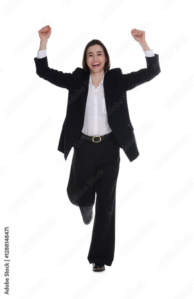 Business competition. Happy woman running on white background Business competition. Happy woman running on white background