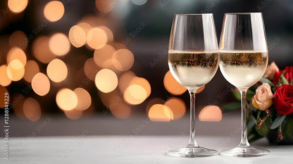 Two Glasses of White Wine with Roses and Bokeh Lights Two Glasses of White Wine with Roses and Bokeh Lights