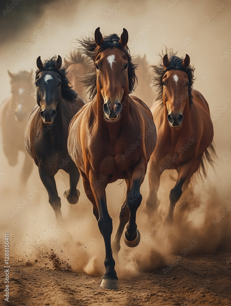 Obraz premium Wild horses running through a dusty landscape at sunset