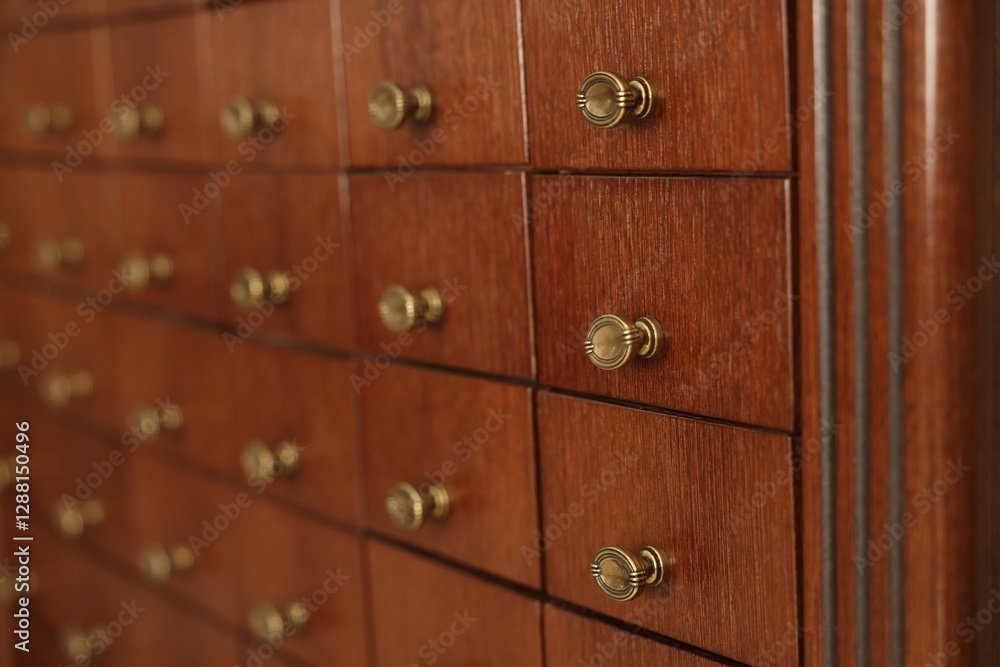 Wooden cabinet with many drawers, closeup view Wooden cabinet with many drawers, closeup view