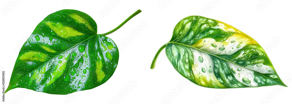 Close-up of two vibrant, green leaves with intricate patterns and droplets of water. Perfect for nature lovers and botanical designs. PNG transparent background Close-up of two vibrant, green leaves with intricate patterns and droplets of water. Perfect for nature lovers and botanical designs. PNG transparent background