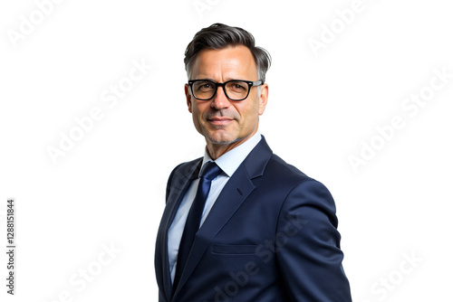 Professional middle-aged businessman in suit and glasses. Confident headshot for corporate website, profile, or marketing use. Isolated on transparent background.