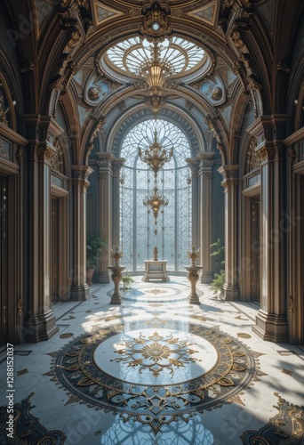 Elegant Palace Interior Design Grand Hall with Marble Floor and Gold Accents Luxurious Architectural Details