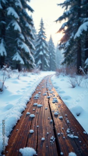 Wallpaper Mural Snow-covered wooden plank, winter forest backdrop, crisp, shadow Torontodigital.ca