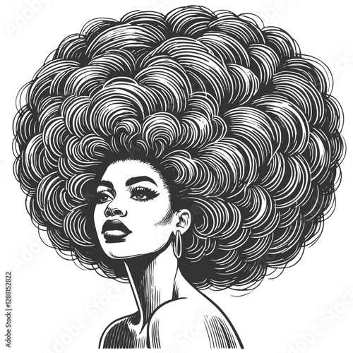 woman with a voluminous afro hairstyle and hoop earrings, exuding strength, beauty, and vintage artistic elegance sketch engraving generative ai vector illustration. Scratch board. Black and white.