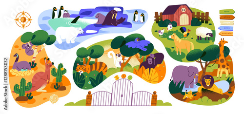 Zoo set. Different African, Polar and exotic animals of Australia. Zoological garden, park entrance gate, pointers and giraffe, elephant, tiger. Flat isolated vector illustrations on white background