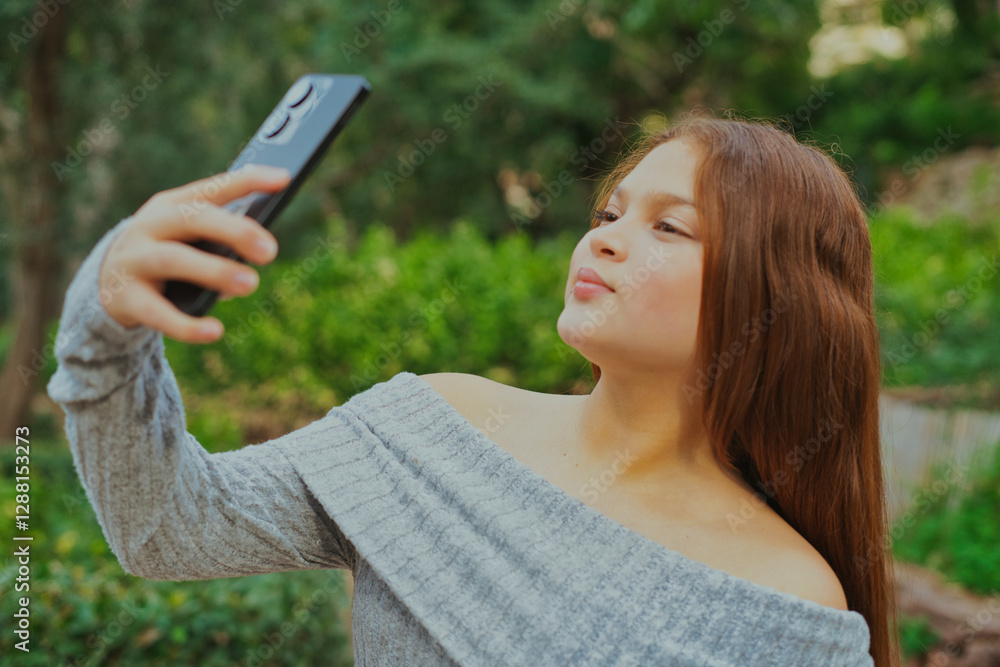 Twin girl taking selfie with smartphone in a park Twin girl taking selfie with smartphone in a park