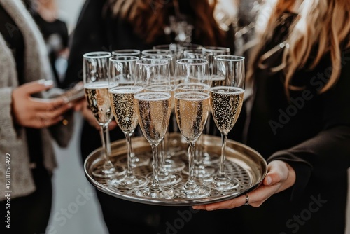 A catering service waiter is carrying champagne wine drinks at the event