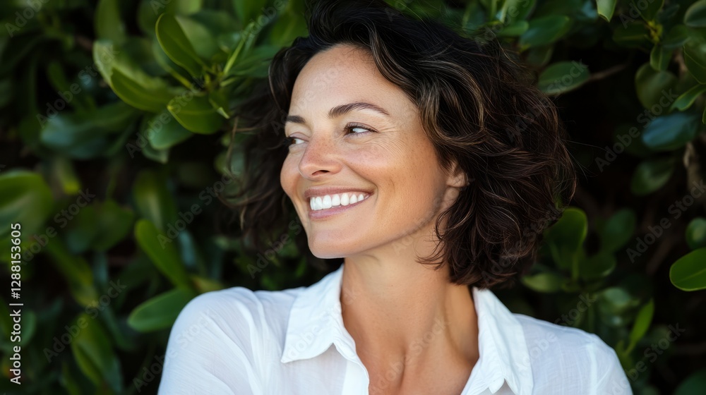 Portrait of a smiling middle age woman wearing a white blouse with joyful expression standing outdoors during daylight. Portrait of a smiling middle age woman wearing a white blouse with joyful expression standing outdoors during daylight.
