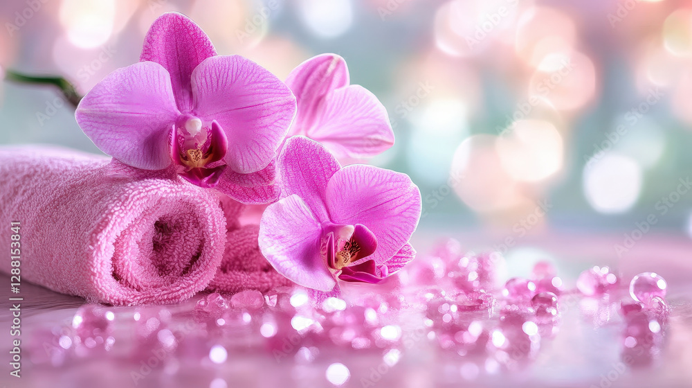 Relaxing spa setting with pink orchids and soft towels, promoting tranquility and wellness Relaxing spa setting with pink orchids and soft towels, promoting tranquility and wellness
