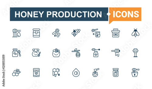 Set of Honey Production line icons. It contains symbols to comb, wax, hive, sweet, honey, production, apiarist, pot. Simple line vector. Line editable stroke. Vector line and solid icons.