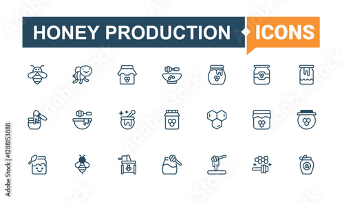 Set of Honey Production line icons. It contains symbols to comb, wax, hive, sweet, honey, production, apiarist, pot. Simple line vector. Line editable stroke. Vector line and solid icons.