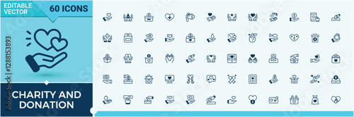 Charity And Donation vector line icon set. Related to team, nonprofit, fund, cooperation, donate and more. Outline symbol collection. Solid line editable stroke.