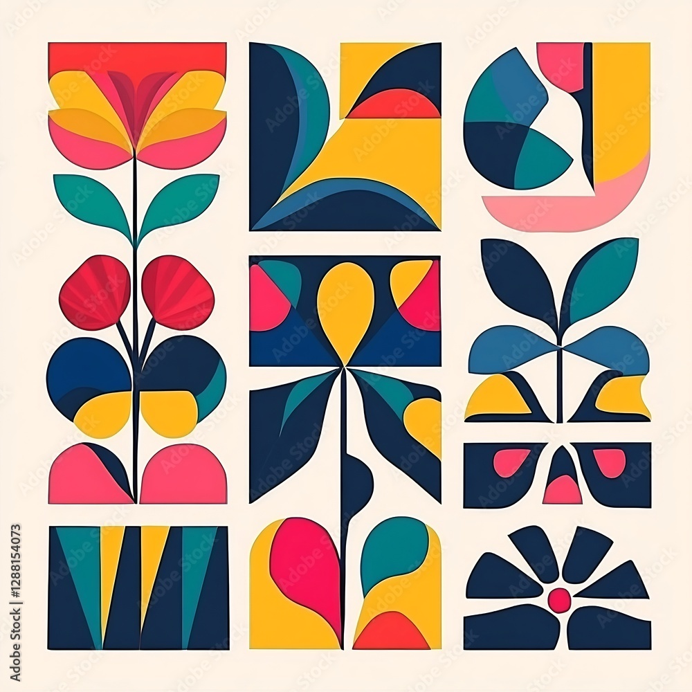 Naklejka premium Abstract Geometric Shapes and Colorful Patterns in Retro and Modern Minimalist Design Style