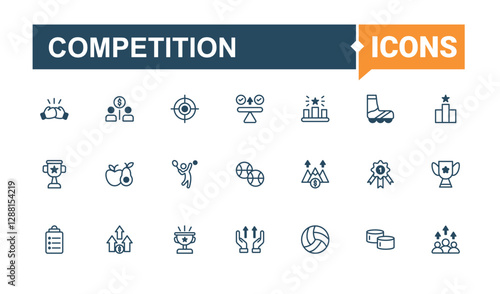 Set of Competition line icons. Contain linear outline icons race, tennis, team, run, champ, app and more. Icons for design. Vector outline and solid icons collection.