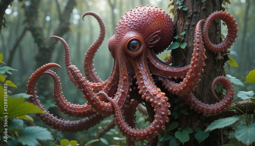 Obraz premium A vibrant red octopus with detailed textures, perched on a tree in a lush, green forest, creating a surreal and captivating scene.