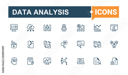 Data Analysis icons set in linear style. Included icons as chart, schema, cloud, info, performance, monitoring, presentation, computing. Editable stroke. Vector line and solid icons.