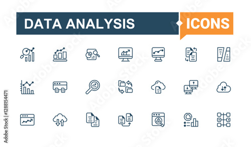 Data Analysis icons set in linear style. Included icons as chart, schema, cloud, info, performance, monitoring, presentation, computing. Editable stroke. Vector line and solid icons.