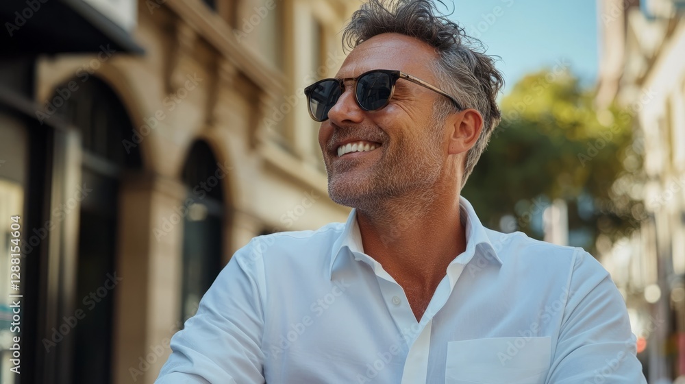 Man wearing sunglasses, smiling towards the camera. Man wearing sunglasses, smiling towards the camera.