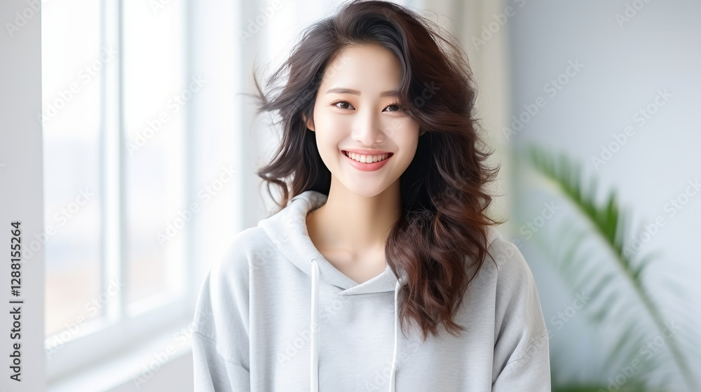 woman with wavy hair smiles confidently in bright room, wearing casual hoodie woman with wavy hair smiles confidently in bright room, wearing casual hoodie