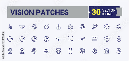 Vision Patches linear icon collection. Contain linear outline icons accessory, cosmetic, eye, golden, package, girl, patch, corsair. Outline icon. Vector outline and solid icons collection.