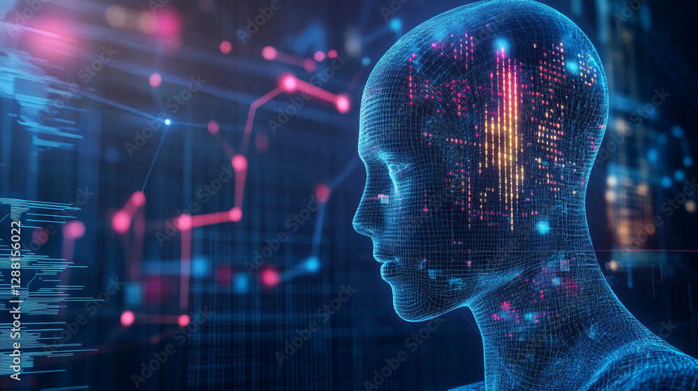 Digital representation of AI driven business assistant with data visualization Digital representation of AI driven business assistant with data visualization