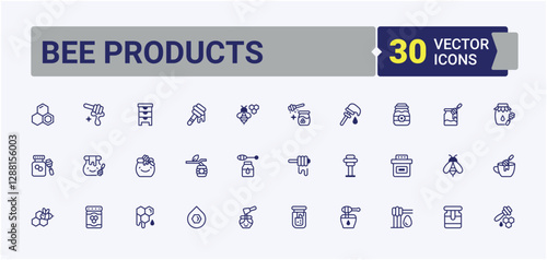 Bee Products icons set in linear style. Featuring food, nectar, healthy, pot, nature, pollen and more. Minimalistic icon. Vector outline and solid icons collection.
