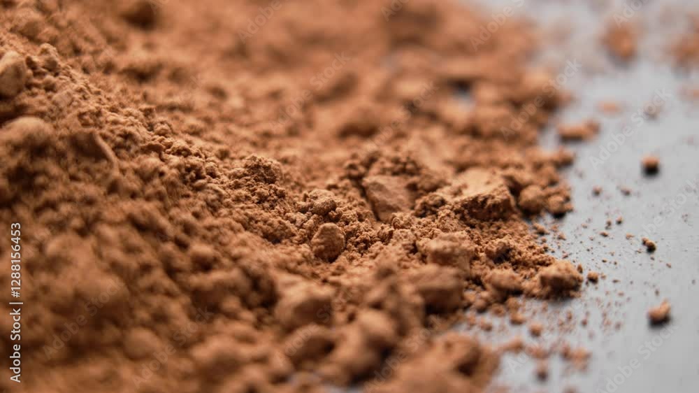 Fine cocoa powder scattered on smooth ceramic surface. Organic dessert ingredient. Macro shot. Rotation Fine cocoa powder scattered on smooth ceramic surface. Organic dessert ingredient. Macro shot. Rotation