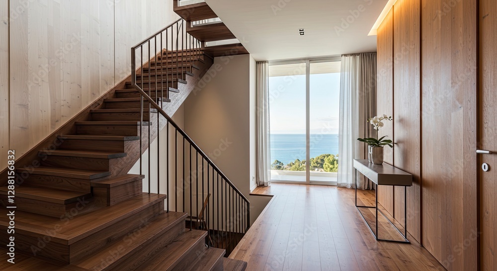 Elegant Modern Home Interior with Staircase and Ocean View Window Elegant Modern Home Interior with Staircase and Ocean View Window