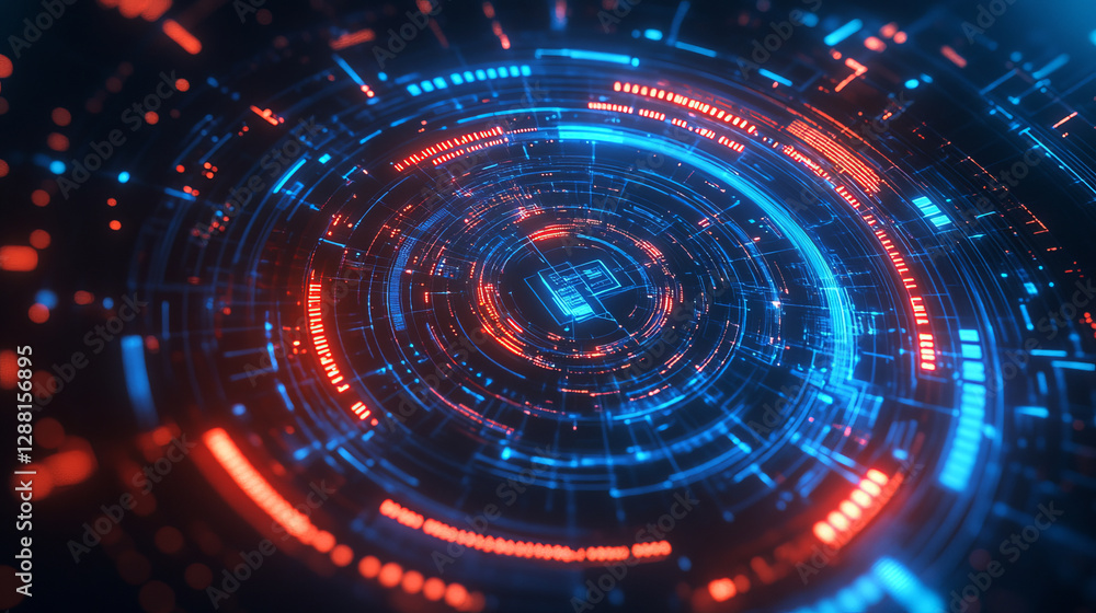 Futuristic digital technology with vibrant blue and red circular patterns Futuristic digital technology with vibrant blue and red circular patterns