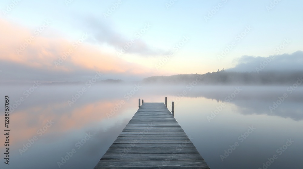 Serene sunrise over misty lake with wooden dock extending to calm water. Serene sunrise over misty lake with wooden dock extending to calm water.