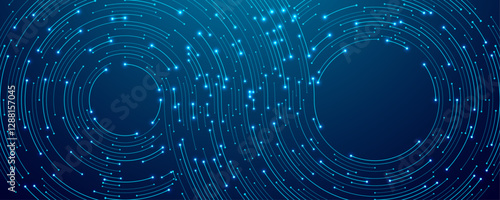 Abstract infinity symbol with circle circuit wires on technology dark blue background. AI concept. Big data flow tech bg. Digital network backdrop. CPU electronics pattern. Vector illustration 