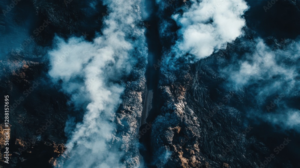 Fototapeta premium Aerial view shows a volcanic landscape with smoke and lava