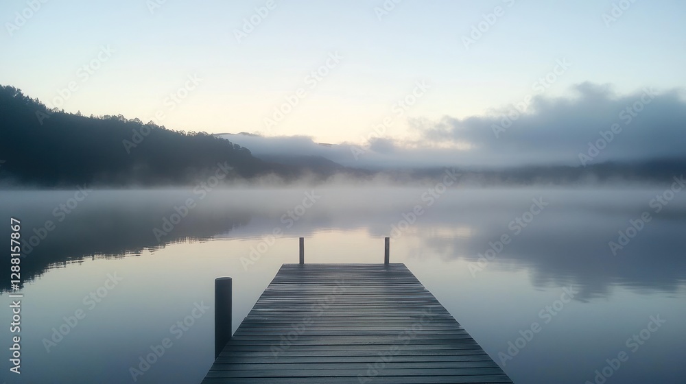 Fototapeta premium Serene misty lake scene at dawn, wooden dock extending into calm water, hills in background.