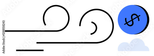 Black lines form wind swirls, propelling a blue circle with a dollar sign, with a cloud below. Ideal for finance, economy, change, movement, business trends, breezy investments abstract line flat