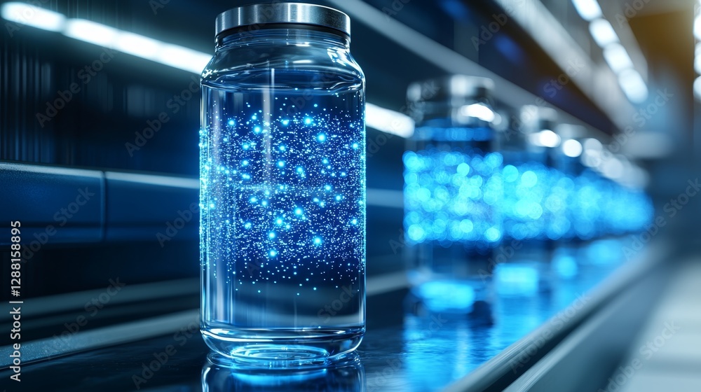 Futuristic Smart Water Jar Powered by AI with Glowing Blue Particles in a Modern Environment Futuristic Smart Water Jar Powered by AI with Glowing Blue Particles in a Modern Environment