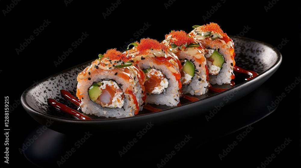 Delicious sushi rolls with vibrant toppings on a sleek plate Delicious sushi rolls with vibrant toppings on a sleek plate