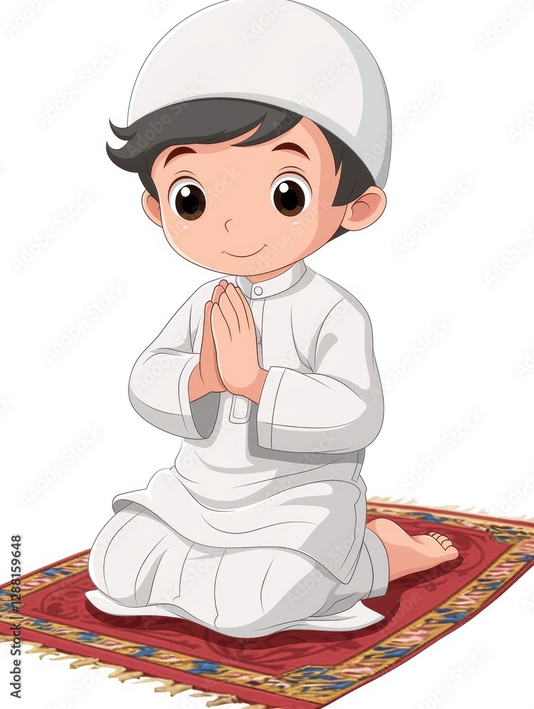 An illustration of a young boy praying on a rug An illustration of a young boy praying on a rug