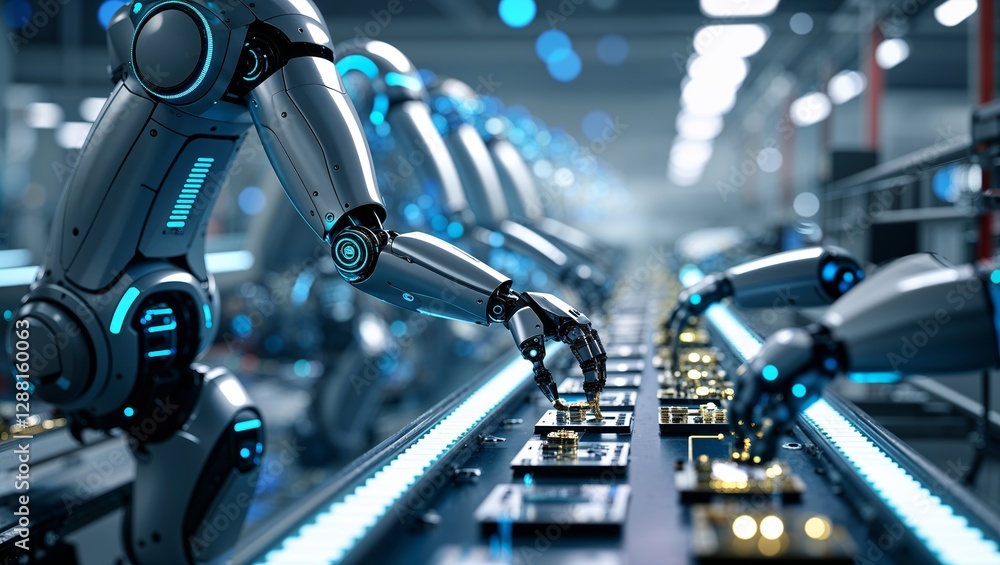 Fototapeta premium Robots assembling electronic components in a modern manufacturing facility during daylight