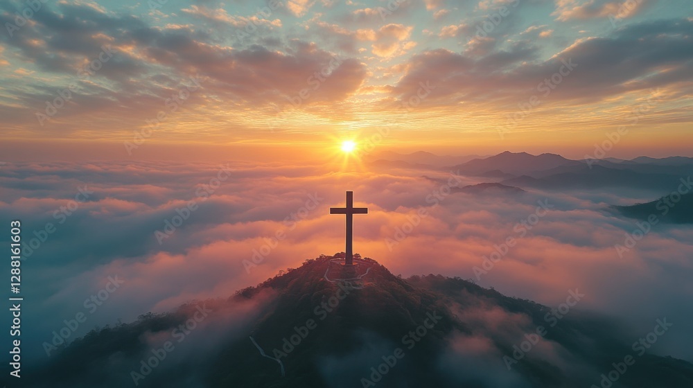 Obraz premium Cross on hill. Clouds and sun. Christian symbol. Beautiful sky. Religious faith. Hope and peace. Worship and belief. God is love.