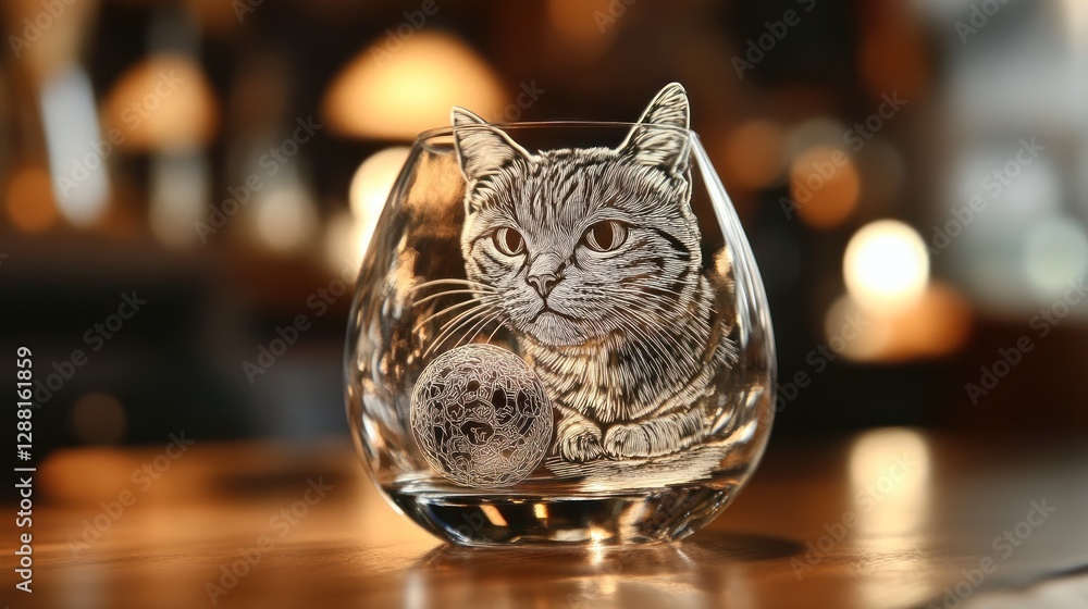Fototapeta premium Etched glass with cat and moon design.