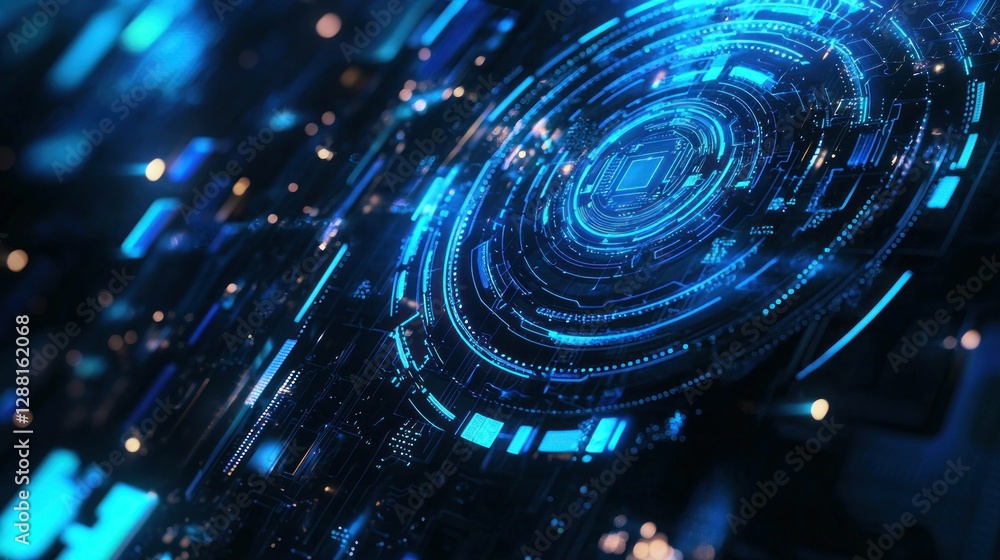 Fototapeta premium Futuristic digital interface with glowing blue circular patterns and data streams, conveying technology, innovation, and advanced digital connectivity